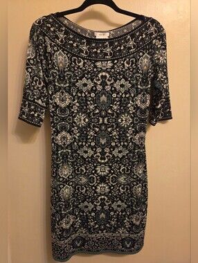 Sophie Max Cottagecore Floral Sheath Dress S Sage Green Black Medallion Boho